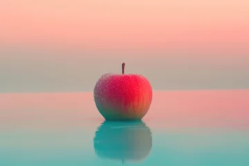 Printed kitchen splashbacks A single, red apple with water droplets is reflected in clear, turquoise water under a soft, pastel sunset.