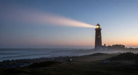 Beacon Of Light Guiding The Way Across Misty Coastal Landscape At Dusk
