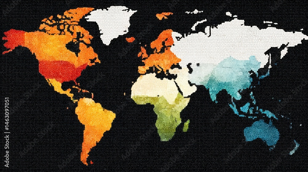Poster Artistic mosaic world map showing continents with color gradients on dark background