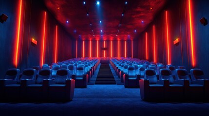 Neon-lit movie theater auditorium interior