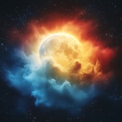 Obraz premium Fiery moon bathed in vibrant clouds amidst starry night