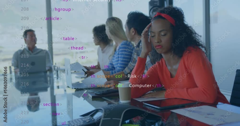 Poster team collaborating around glass table in business meeting, with floating html code overlay