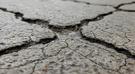 Obraz premium Cracked Pavement With Water Droplets Creating Surface Tension Close Up