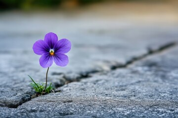 A vibrant purple pansy blooms defiantly from a crack in the harsh concrete, symbolizing resilience and the beauty of nature's tenacity.