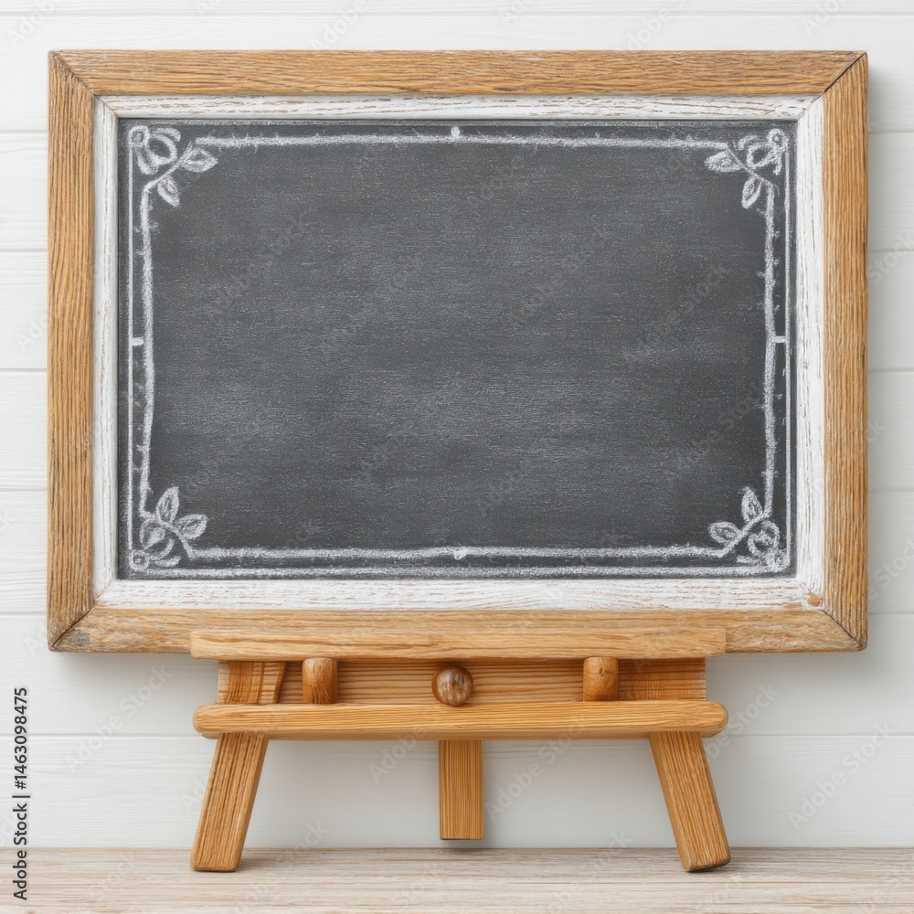 Poster blank blackboard with decorative frame on wooden easel, ready for text or design.