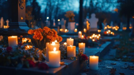 Candlelit serenity, a luminous glow amidst twilight in a cemetery scene