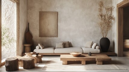 Modern minimalist living room with natural decor elements