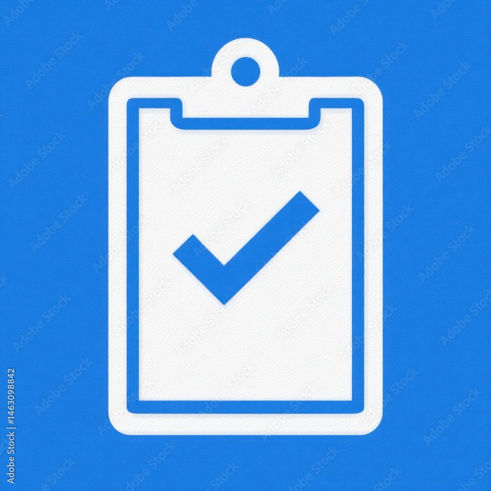 Poster blue checklist icon with checkmark representing task completion and success