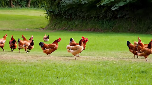 Free-range chickens roam across open green pasture under clear sky, camera gently follows their movement in peaceful farm setting. Concept of ethical poultry farming and natural lifestyle