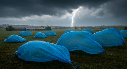 Electric Storm Over Rural Landscape And Covered Hay Bales In Field