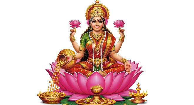 A divine image of Goddess Lakshmi sitting on a lotus and pouring coins, centered on a plain white background
