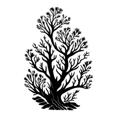 Monochrome arboreal silhouette art showcasing intricate branch patterns against white
