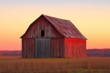Obraz premium A rustic red barn stands in a field at sunset with a vibrant, warm-toned sky background.