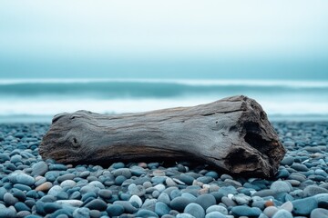 A weathered log rests on a pebble beach under a muted sky, evoking a sense of calm and natural beauty.