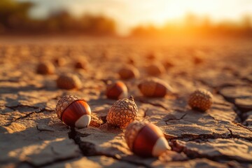 A close-up of acorns scattered on cracked earth during golden hour sunset, highlighting drought and natural decay.