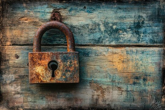 A rusted padlock hanging on a weathered, blue painted wooden door creating an aged, vintage aesthetic.