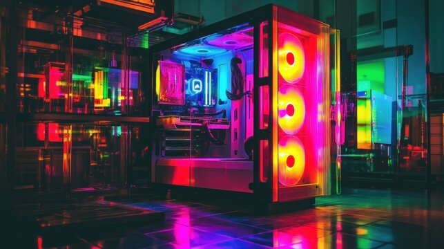 Vibrant gaming PC setup with colorful lighting in a modern room