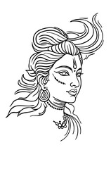 Divine Goddess Line Art – Elegant Hindu Deity Portrait with Flowing Hair in Black and White

