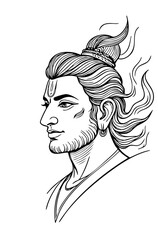 Divine Hindu Male Deity Line Art – Lord Sketch with Flowing Hair and Spiritual Symbolism in Black and White