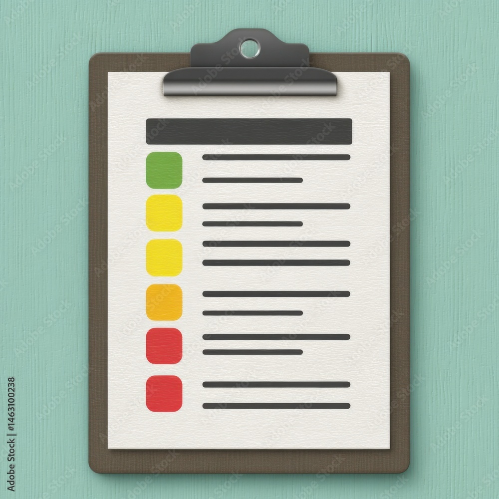 Poster checklist on clipboard with color-coded indicators for project progress assessment