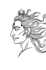 Minimalist Line Art of Lord Shiva with Flowing Hair – Black and White Hand-Drawn Hindu Deity Profile for Spiritual Tattoo, Devotional Art, and Cultural Design