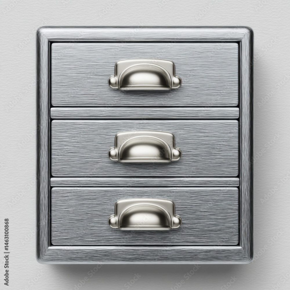 Poster close-up of a brushed metal filing cabinet with three drawers on a wall.