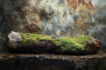 A moss-covered log rests on a rock shelf against a textured, weathered wall creating a natural, rustic scene.