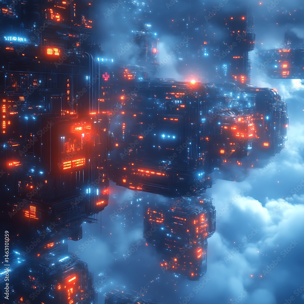 Poster floating futuristic cityscapes, illuminated by vibrant neon lights, hover amidst clouds. complex str