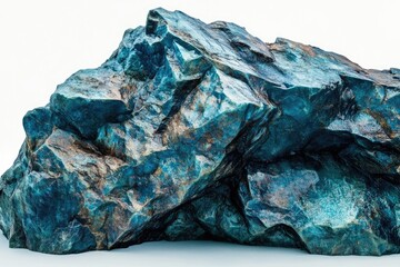 An abstract view of a large, jagged, and bluish rock or mineral formation set against a stark white background.