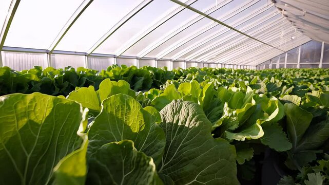 Modern greenhouse filled with fresh green lettuce, camera pans slowly through sunlit interior showing vibrant rows of crops. Concept of clean food production and sustainable farming