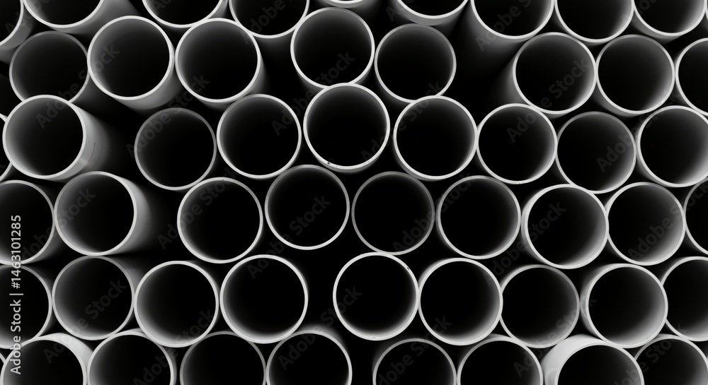 Poster a close-up, top-down abstract view of neatly stacked white cylindrical pipes, creating a striking mo