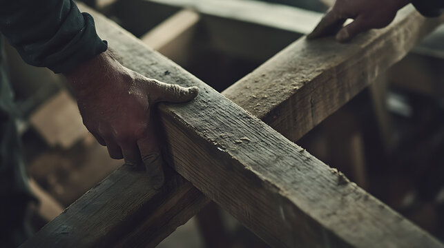 Hands Working with Wooden Beams