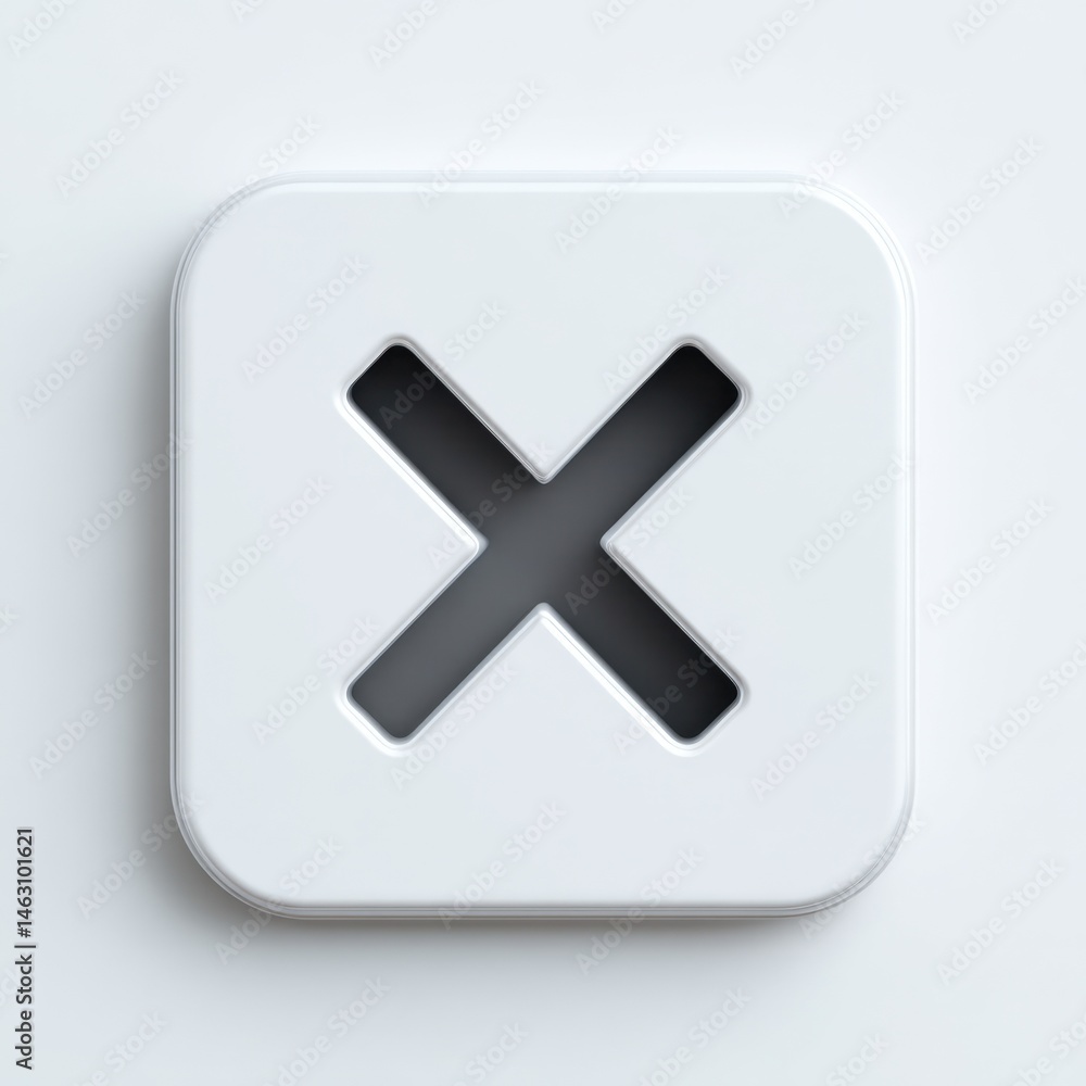 Poster close-up of a white square button with a black x symbol against a neutral background.