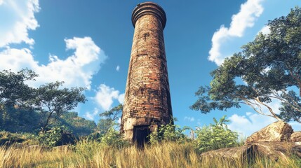 Tropical island, ancient stone tower, sunny sky, lush vegetation, adventure game background