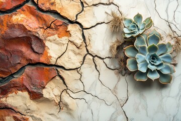 Succulents resting on cracked rock, blending nature's beauty and geological textures, offering a captivating visual contrast and natural aesthetic.