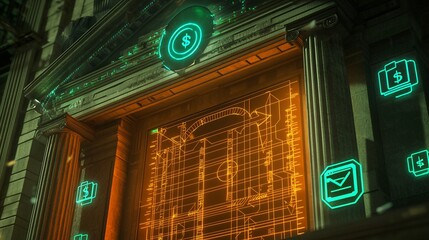 70 3d Render of a Digital Commerce Framework Where Trade Icons Finance Symbols and Monetary Routes Glow Through a High Tech Cyberbanking Environment