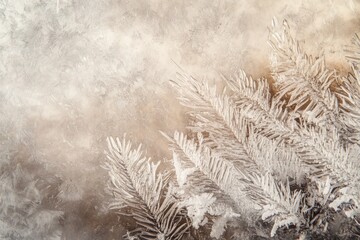 Frost patterns resembling delicate pine branches create a wintry abstract on a textured background, conveying cold beauty.