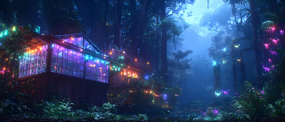 Naklejka premium Mystical Glowing Forest Structures At Night