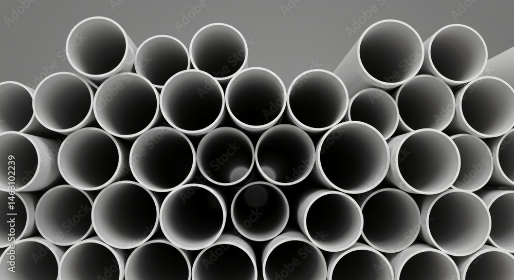 Poster a close-up view of a neatly stacked pile of white pvc pipes, showcasing their circular openings and 