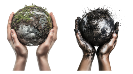 Hands Holding Earth with Natural and Polluted Surfaces Representation Isolated Transparent Background