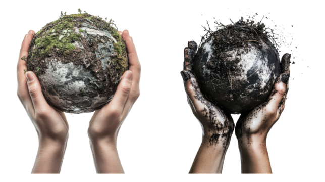 Hands Holding Earth with Natural and Polluted Surfaces Representation Isolated Transparent Background