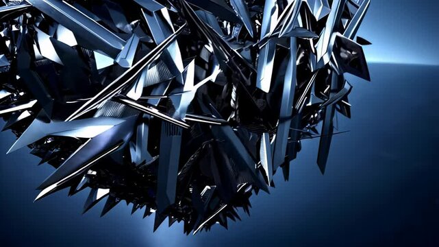 Sharp metallic heart made of chaotic chrome shards floats in deep blue void, suspended in cold abstract space with futuristic precision. Concept of emotional fragmentation and digital surrealism