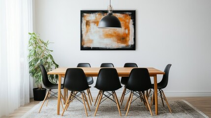 Modern dining room, wood table, black chairs, abstract art