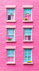 A vibrant pink building facade with multiple windows, various shades of blue and pink