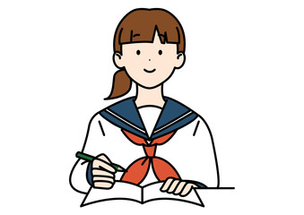 勉強する高校生 セーラー スカーフ ポニーテール