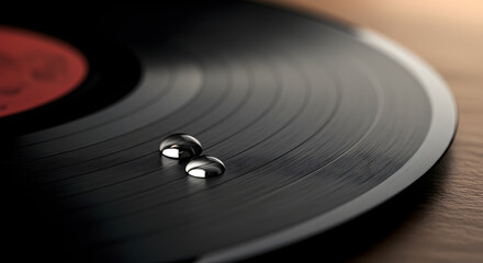 Captivating Vinyl Record Close Up With Water Droplets and Red Label