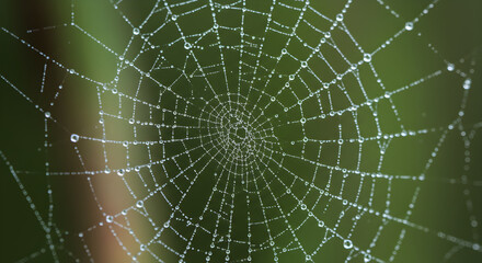 Dewy Spiderweb Glistening In The Early Morning With Natural Greenery