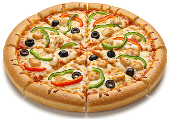 A delicious pizza with chicken, bell peppers, and olives cut into slices on a white background