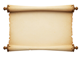A close up of an old parchment scroll with wooden handles on a white isolated studio background view