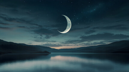 Serene Nightscape: A Quarter Moon's Tranquil Glow Over Reflective Waters and Silhouette Hills